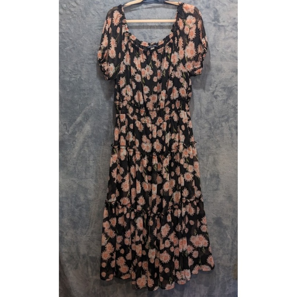 Tommy‎ Hilfiger Womens Floral Daisy Maxi Dress Black Pink Smocked Tiered Size 16